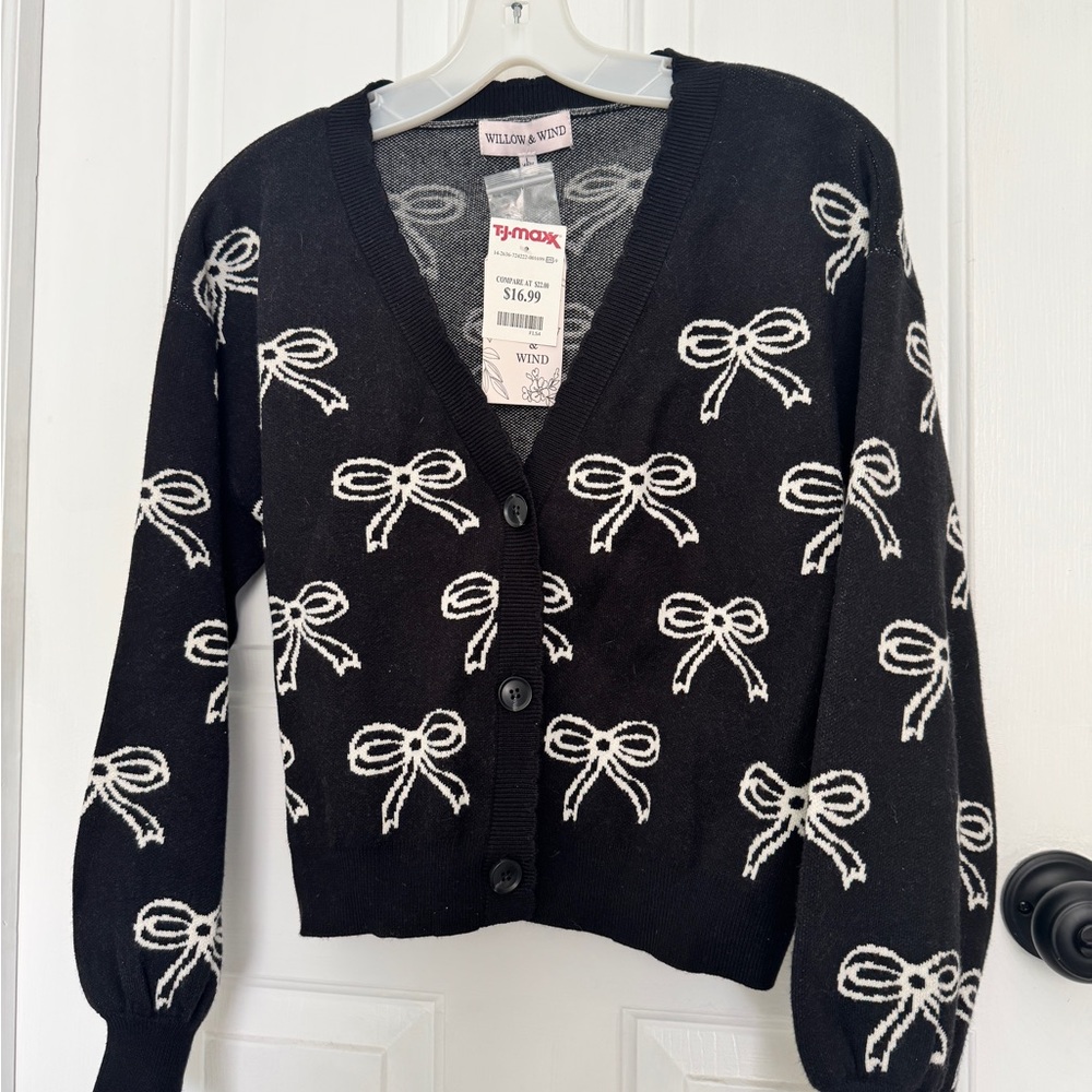 Willow & Wind Black Cardigan with White Bow Design